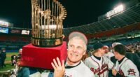 Atlanta Braves owner Ted Turner celebrates following Game Six of the World Series against the Cleveland Indians on October 28, 1995 at Atlanta-Fulton County Stadium
