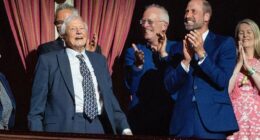 Beaming David Attenborough receives a standing ovation as he takes a seat beside Prince William at 100th birthday celebration with star-studded guests
