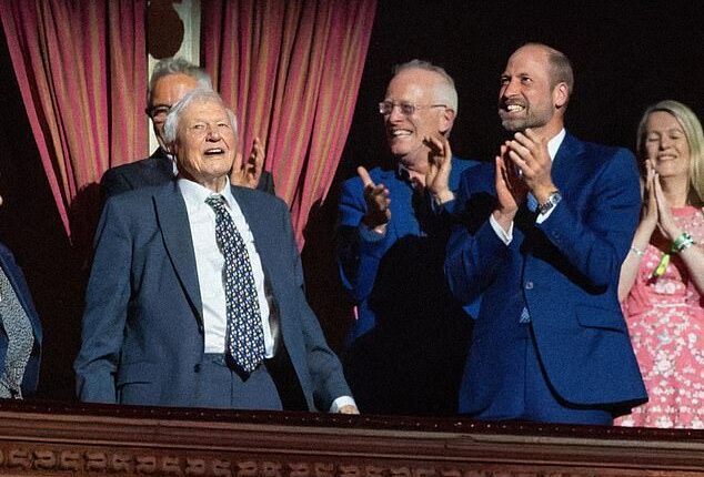 Beaming David Attenborough receives a standing ovation as he takes a seat beside Prince William at 100th birthday celebration with star-studded guests