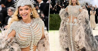 Beyoncé is a sparkly skeleton on the Met Gala 2026 red carpet with Blue Ivy and Jay-Z