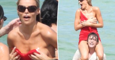 Brooks Nader suffers wardrobe malfunction at Miami Swim Week