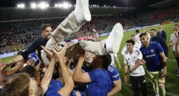 Cesc Fabregas was lifted into the air by his Como stars after they reached the Champions League