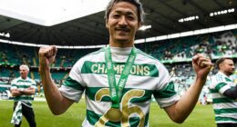Daizen Maeda celebrates Celtic's final-day title triumph after their dramatic defeat of Hearts