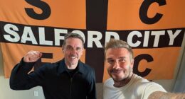 Gary Neville and David Beckham cheered on their Salford City team from thousands of miles away in California