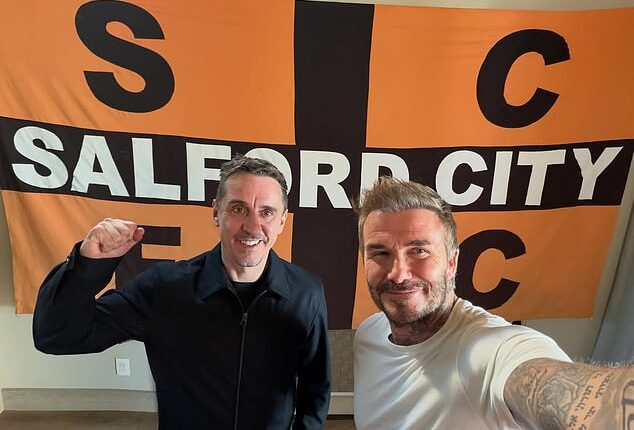 Gary Neville and David Beckham cheered on their Salford City team from thousands of miles away in California