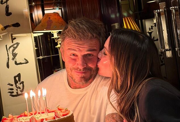 David Beckham kicked off his birthday with a lavish celebration at The Dorchester in London on Friday as he shared a kiss with his wife Victoria