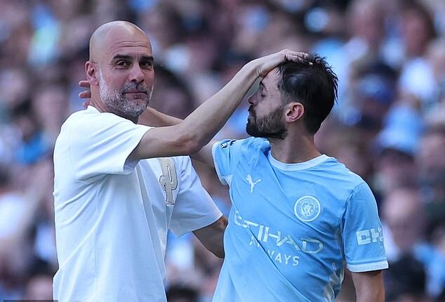 Pep Guardiola and Bernardo Silva had an emotional embrace at their final game on Sunday