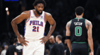 Joel Embiid Philadelphia 76ers reacts near Jayson Tatum Celtics Game 5 playoffs