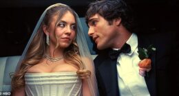 Jacob Elordi called the excruciating execution of his Euphoria character Nate Jacobs - of being buried alive and snake-bitten - 'a cool way to go' following Sunday's broadcast of the popular HBO drama; Pictured with co-star Sydney Sweeney