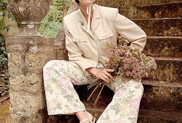 Blazer, £490, and headscarf, £100, bymalina.com. Jeans , £340, citizensof humanity.com. Brooch, £19.99 for three, and sandals, £35.99, zara.com. Ring, £85, astridandmiyu.com