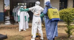 Former CDC director Dr Robert Redfield has warned that the Ebola outbreak in the DRC could become a 'very significant pandemic' (Workers are shown above being sprayed in the DRC)