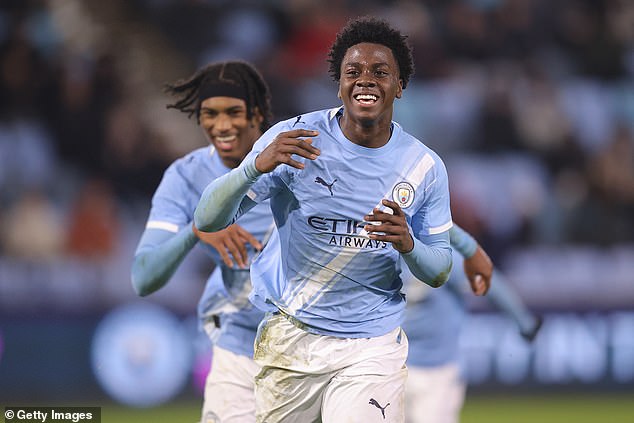 Xavier Parker of Manchester City celebrates after scoring his side's fifth goal during the FA Youth Cup fourth-round victory over Arsenal