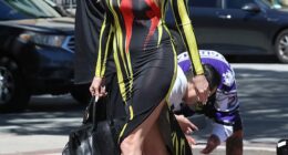 Fashionable: Heidi Klum showcased her cool sense of style wearing a colorful fitted dress as she arrived at the America's Got Talent taping in Pasadena on Sunday