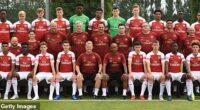 Happier times: Mark Bonnick (fourth from left, middle row) with the Arsenal Under 18 squad in 2018, including future stars Bukayo Saka (third from left, front row)