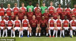 Happier times: Mark Bonnick (fourth from left, middle row) with the Arsenal Under 18 squad in 2018, including future stars Bukayo Saka (third from left, front row)