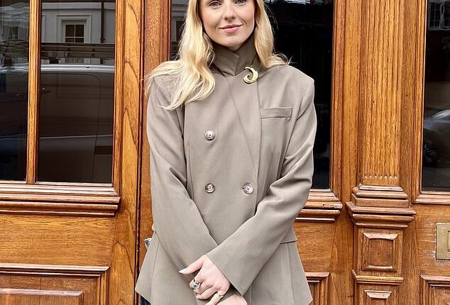 Fashion editor Hannah Skelley wears a gold brooch on her jacket, £95, byalona.com