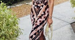 On Saturday, Tiffany Trump, 32, took to her Instagram Stories to post a photo of herself standing outside surrounded by lush greenery in a stunning, figure-hugging brown and white patterned gown