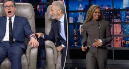 Jon Stewart surprises Stephen Colbert with a surprise serenade from Andra Day