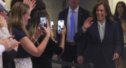 Kamala Harris greeted supporters during a fireside chat at MEET Las Vegas on May 7. Her husband, Doug Emhoff, was MIA throughout much of her 33-city book tour