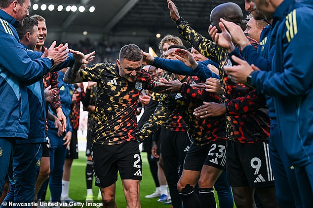 Kieran Trippier receives a guard of honour from Newcastle team-mates at his final match at St James's Park, the 3-1 win over West Ham United on May 17