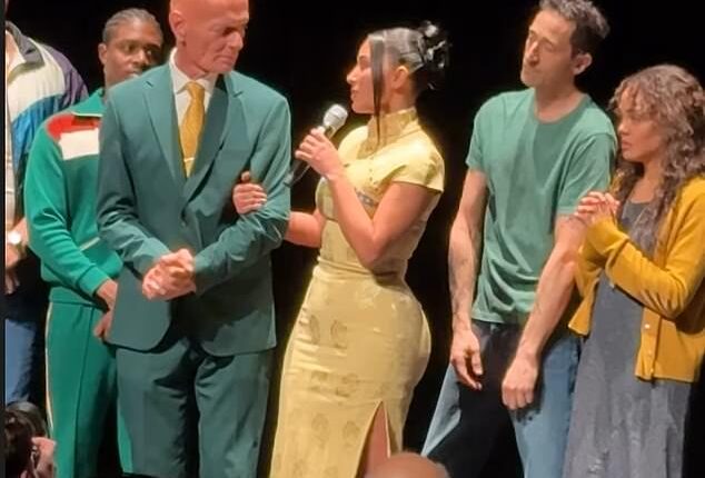 Kim Kardashian closed out the Sunday matinee of The Fear of 13 with an emotional speech directed at death row exoneree Nick Varris, on whom the Broadway show is based, as the play's stars Adrien Brody and Tessa Thompson looked on