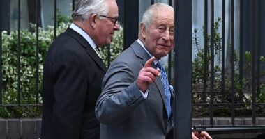 King Charles III acknowledges the crowds as he arrives at Jewish Care in Golders Green today