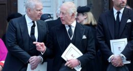 Andrew Mountbatten-Windsor, King Charles and Prince William attend the funeral of the Duchess of Kent at Westminster Cathedral in September last year