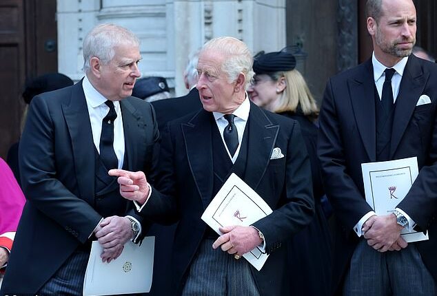 Andrew Mountbatten-Windsor, King Charles and Prince William attend the funeral of the Duchess of Kent at Westminster Cathedral in September last year