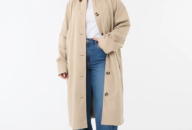 Kmart shoppers are racing to stores after discovering a $45 trench coat they claim looks strikingly similar to a luxury designer version worth hundreds more. Pictured: Kmart Contrast Check Trench Coat ($45)