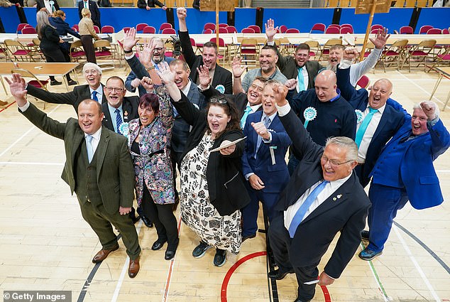 Reform UK councillors react after winning seats in all of the 12 contested wards in Hartlepool