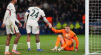 Filip Jorgensen is consoled by Reece James during a 5-2 hammering away at Paris Saint-Germain in March under Liam Rosenior