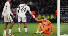 Filip Jorgensen is consoled by Reece James during a 5-2 hammering away at Paris Saint-Germain in March under Liam Rosenior