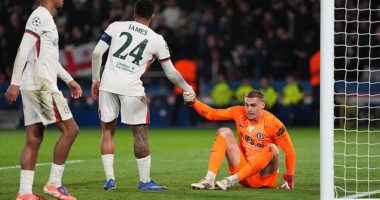 Filip Jorgensen is consoled by Reece James during a 5-2 hammering away at Paris Saint-Germain in March under Liam Rosenior