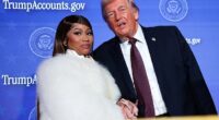 Rapper Nicki Minaj (left) poses with President Donald Trump (right) in January as the President touted 'Trump Accounts' through the Treasury Department