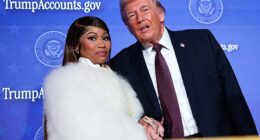 Rapper Nicki Minaj (left) poses with President Donald Trump (right) in January as the President touted 'Trump Accounts' through the Treasury Department