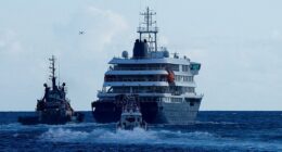 The MV Hondius cruise ship, which has been at the centre of a hantavirus outbreak, pictured near Tenerife, Spain