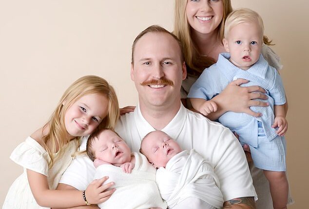 Lindsey Campbell, 30, from California, found out she was pregnant with twins just weeks after giving birth to her son. She's seen with her husband, Jake, 34, and their four kids