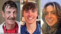 Students Barnaby Webber and Grace O'Malley-Kumar (right and centre) and grandfather Ian Coates (left) were knifed to death by paranoid schizophrenic Valdo Calocane in June 2023