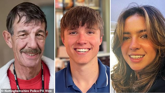 Students Barnaby Webber and Grace O'Malley-Kumar (right and centre) and grandfather Ian Coates (left) were knifed to death by paranoid schizophrenic Valdo Calocane in June 2023