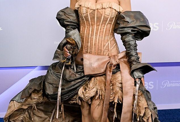 Melanie Martinez's outfit choice for the 2026 American Music Awards was dramatic... to say the least. She donned a strapless brown dress that contained a feathered skirt, immense puffy sleeves and a dramatic tail that resembled an old torn up blanket