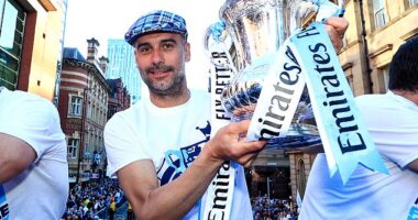 The Catalan has lifted 17 major trophies with the Etihad club - here he is pictured with the FA Cup trophy in 2019, his first of three