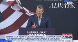 Pentagon chief Pete Hegseth unveiled an impression of Donald Trump out of nowhere during a campaign speech to try and defeat presidential enemy Thomas Massie