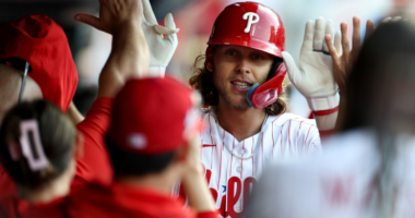 Philadelphia Phillies third baseman Alec Bohm during a game, as news breaks that he is suing his parents over alleged financial mismanagement of millions in earnings.