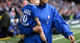 Sam Kerr brought her baby boy Jagger onto the field as she had a fairytale farewell in her last game with Chelsea (pictured)