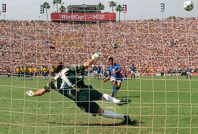 Italian midfielder Roberto Baggio misses a penalty kick during the shoot-out of the 1994 World Cup soccer final in California. The World Cup returns to America this year