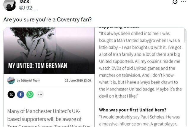 Fans quickly pointed out that Tom Grennan previously claimed to be a Man United fan
