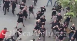 Violent clashes erupted between rival fans ahead of the Conference League final in Leipzig