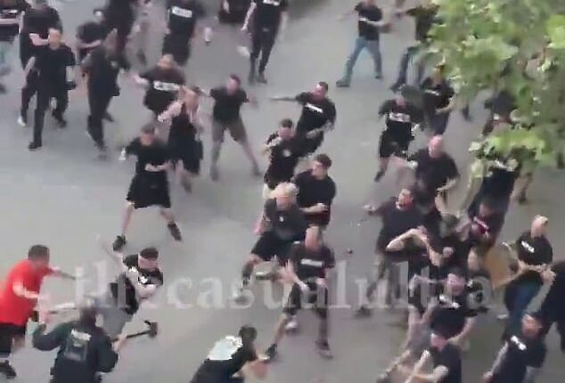 Violent clashes erupted between rival fans ahead of the Conference League final in Leipzig