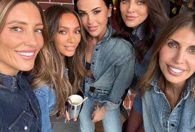 Melbourne's 'It' girls gathered for a lavish bash on Saturday to celebrate the birthday of twin socialites. (Pictured: Sally Crinis, Nadia Bartel, Sarah Lucas, Lauren Tarrant and Shirin Pulitano)