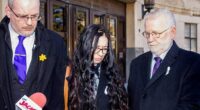 Dean Jones (left) pictured with Jayden Parkinson's mother Samantha Shrewsbury and her grandfather Eric Shrewsbury. He has been fined for threatening Jayden's killer Ben Blakeley